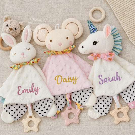 Embroidered Baby Animal Lovey: Personalised Plush Comfort Toy