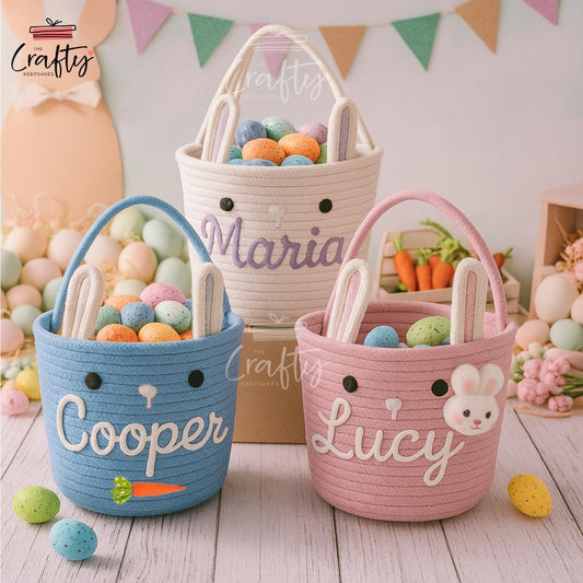 Custom Name Easter Basket For Kids | Personalised Bunny Baskets | Easter Gift | Cotton Rope Basket, Custom Boy Girl Easter Basket Egg Bucket