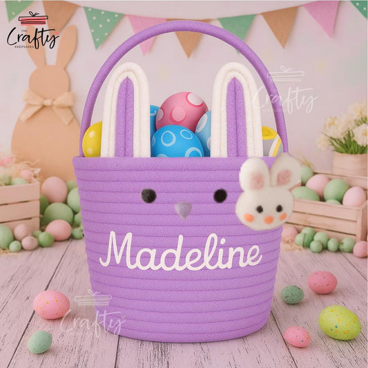 Custom Name Easter Basket For Kids | Personalised Bunny Baskets | Easter Gift | Cotton Rope Basket, Custom Boy Girl Easter Basket Egg Bucket