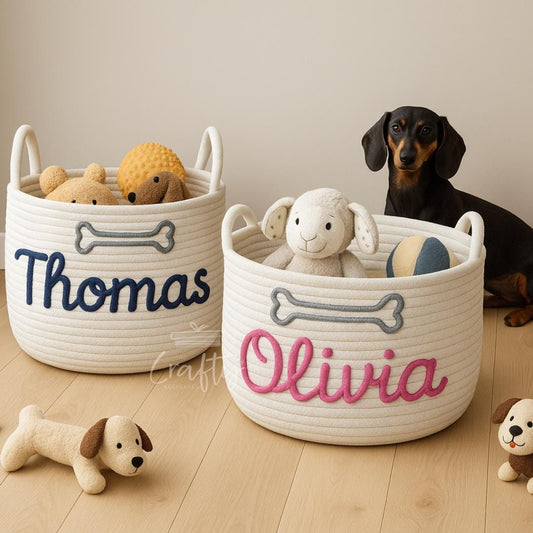 Custom Name Pet Basket Personalised | Hand Embroidered Dog Cat Pet Basket | Custom Animal Basket | Custom Keepsake | Storage Basket | Gift