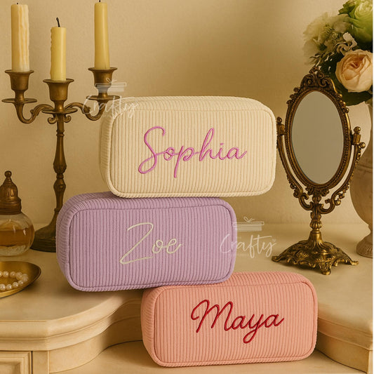 Personalised Bridesmaid Gift Corduroy Makeup Bag, Embroidered Travel Toiletry Organiser, Custom Name Cosmetic Pouch Wedding Idea, Party Gift