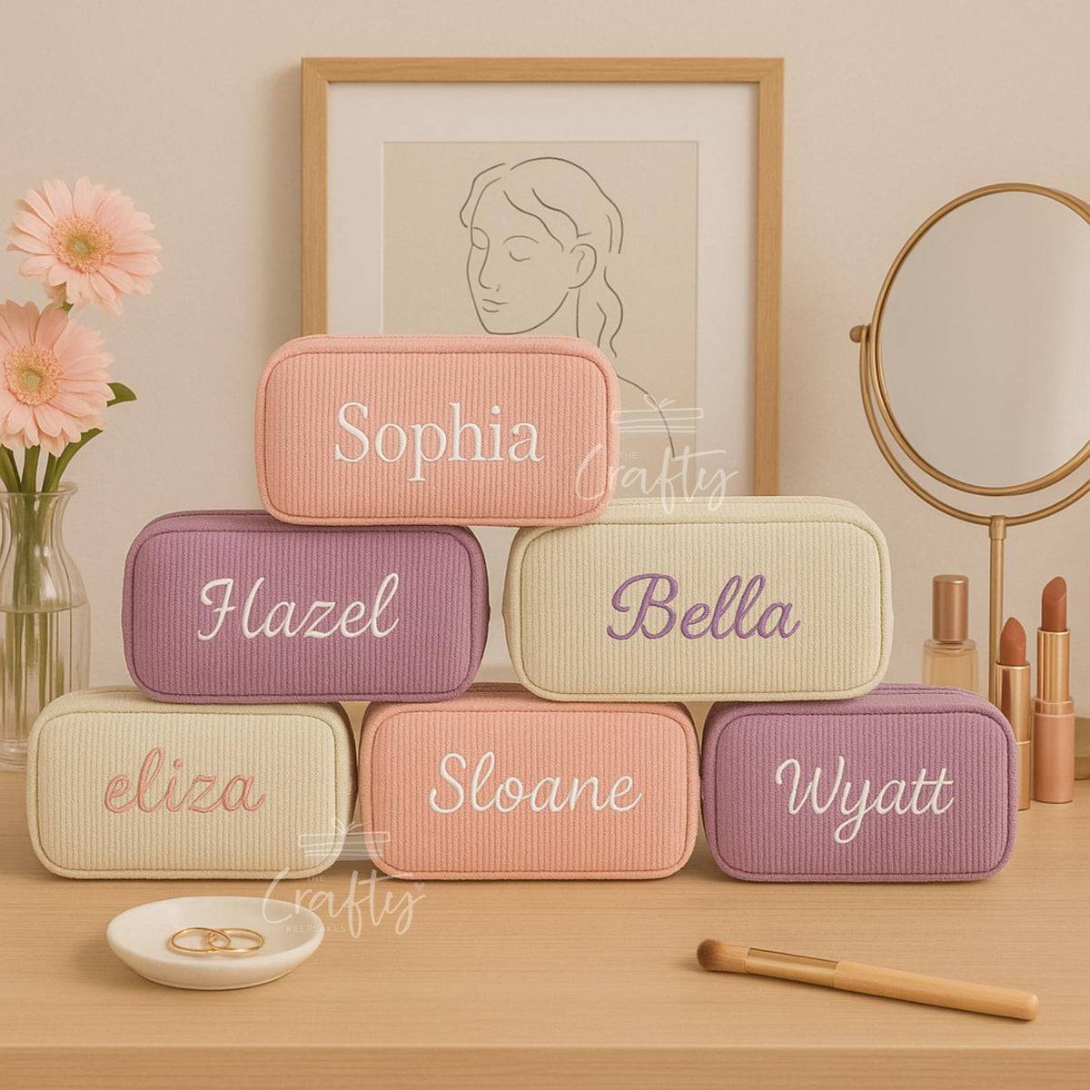 Personalised Embroidered Corduroy Makeup Bag: Custom Travel Cosmetic Pouch