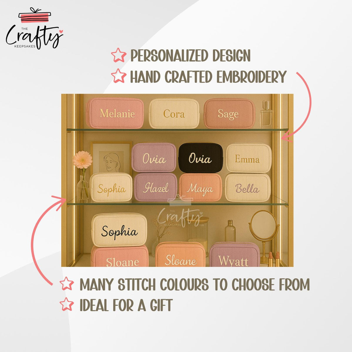 Personalised Embroidered Corduroy Makeup Bag: Custom Travel Cosmetic Pouch