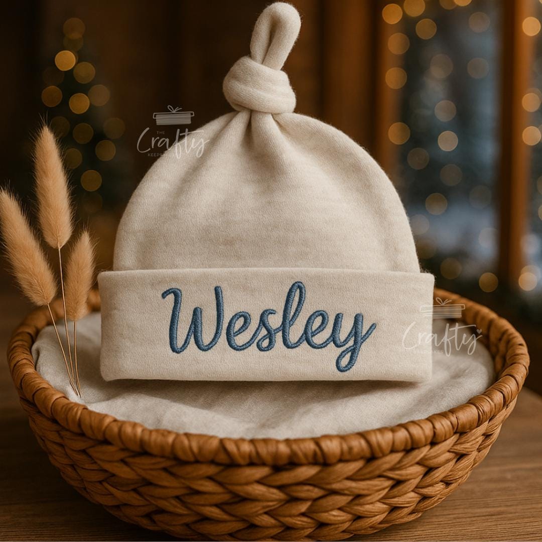Personalised Baby Beanie: Embroidered Knot Hat, Newborn Gift