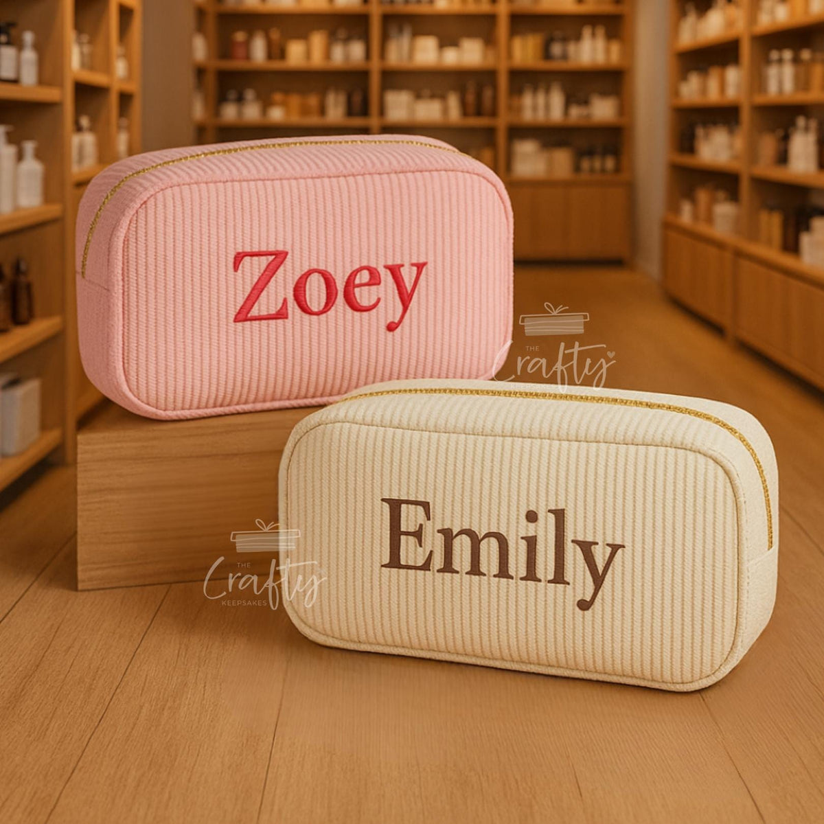 Personalised Embroidered Corduroy Makeup Bag: Custom Travel Cosmetic Pouch