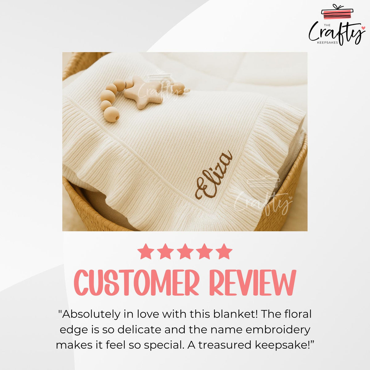 Personalised Embroidered Knit Baby Blanket: Soft Cotton Ruffled Keepsake