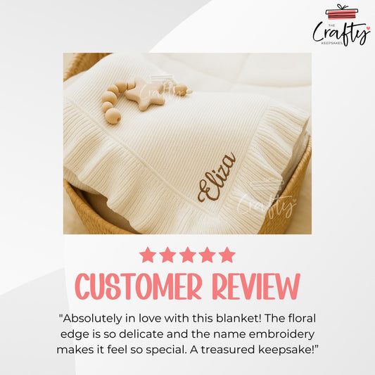 Personalised Embroidered Knit Baby Blanket: Soft Cotton Ruffled Keepsake
