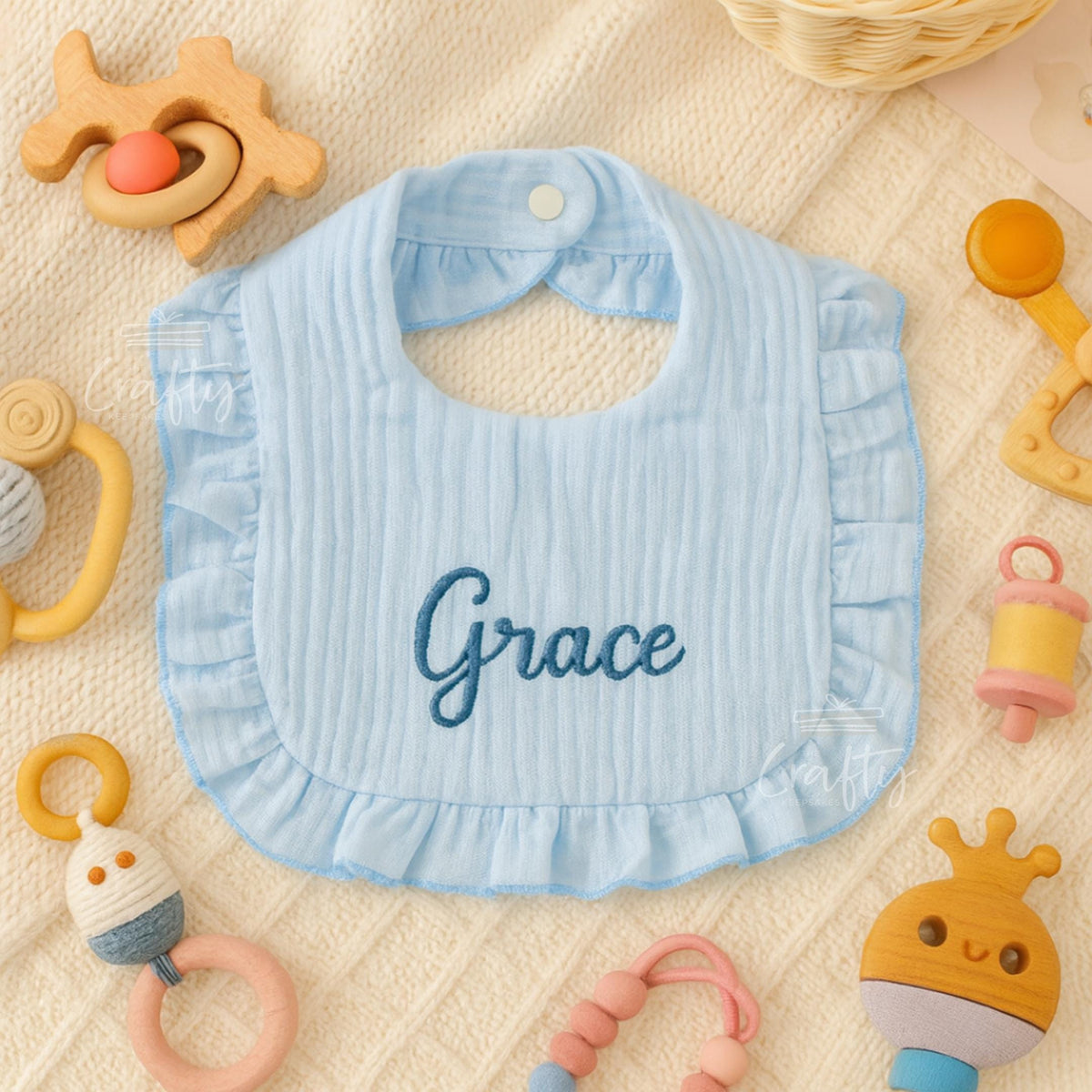 Personalised Name Ruffle Baby Bib: Custom Embroidered Cotton Newborn Gift