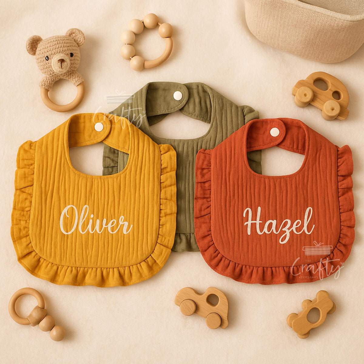 Personalised Name Ruffle Baby Bib: Custom Embroidered Cotton Newborn Gift