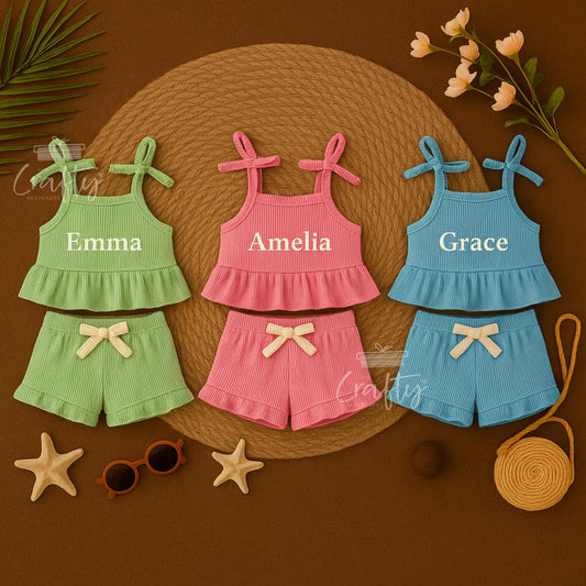 Personalised Baby Girl Summer Outfit: Embroidered Ruffle Top & Shorts