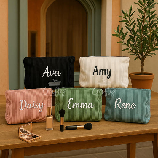 Personalised Name Corduroy Makeup Bag | Custom Name Embroidered Pouch, Purse | Soft Mini Travel Bag with Zip | Gift for Her or Bridesmaids