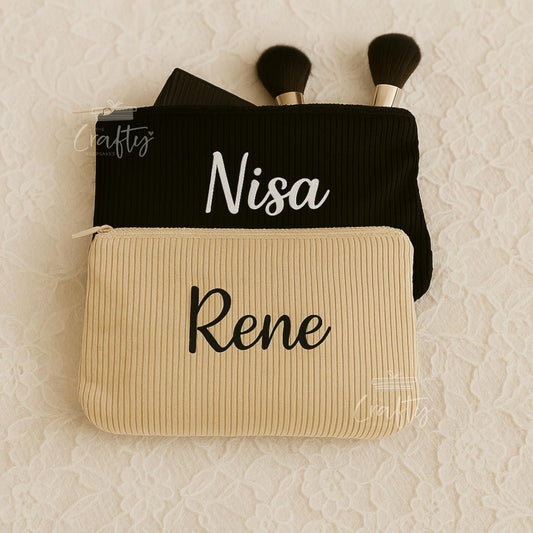 Custom Name Corduroy Makeup Bag | Custom Corduroy Makeup Bag | Personalised Name Zip Pouch | Travel Gift Idea for Women or Bridesmaids Gift