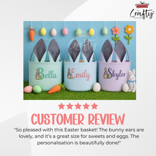 Custom Name Embroidered Bunny Ear Easter Basket | Personalised Easter Gift Bag for Children | Foldable & Reusable | Personalised Easter Gift