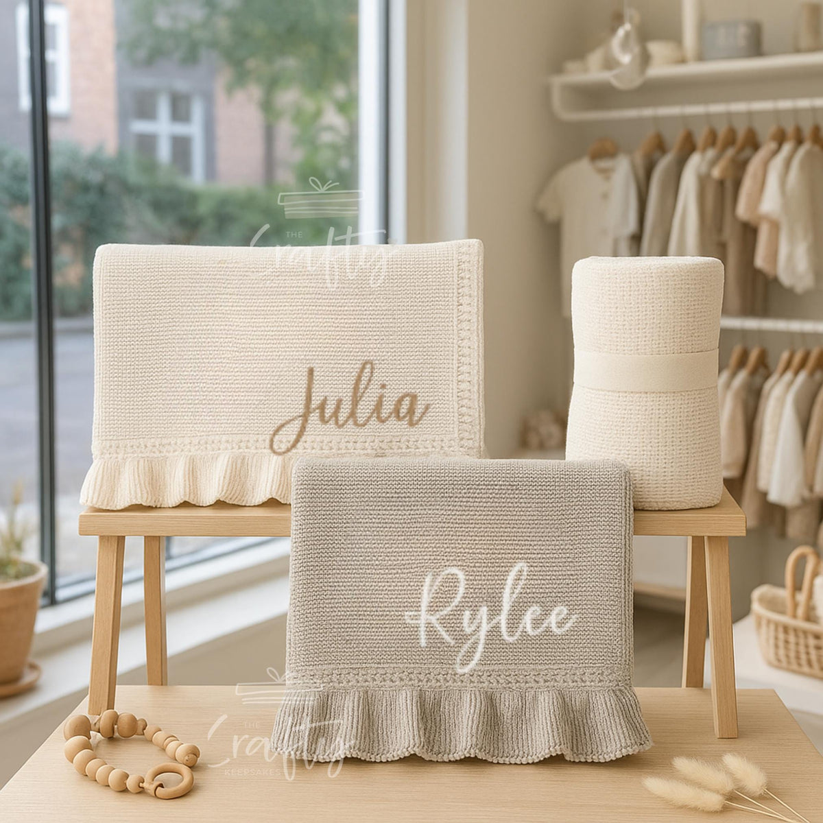 Personalised Embroidered Knit Baby Blanket: Soft Cotton Ruffled Keepsake