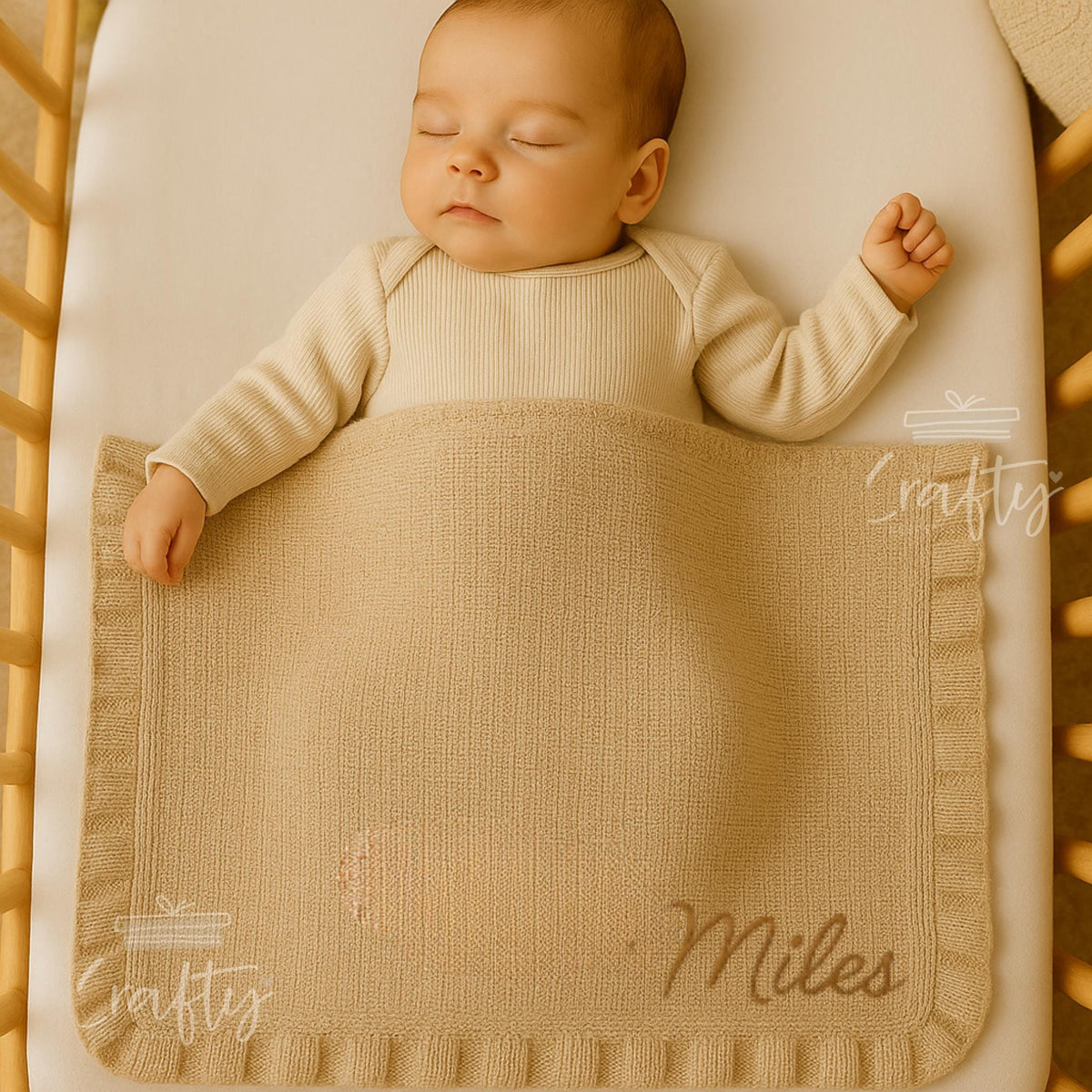 Personalised Embroidered Knit Baby Blanket: Soft Cotton Ruffled Keepsake