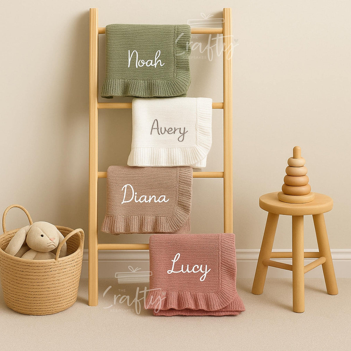 Personalised Embroidered Knit Baby Blanket: Soft Cotton Ruffled Keepsake