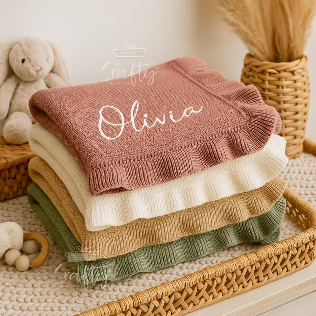 Personalised Embroidered Knit Baby Blanket: Soft Cotton Ruffled Keepsake