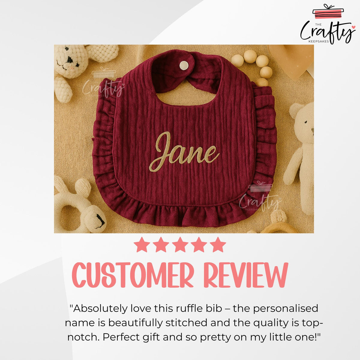 Personalised Name Ruffle Baby Bib: Custom Embroidered Cotton Newborn Gift