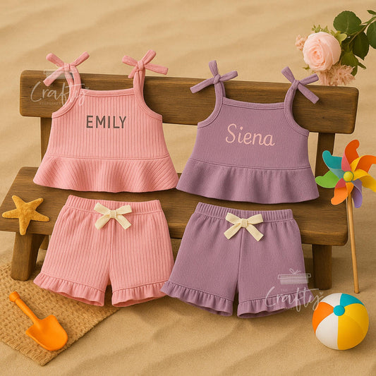 Custom Name Toddler Summer Outfit | Personalised Name Girl’s Summer Outfit | Ruffle Top & Shorts | Baby Birthday or Beach Gift, Summer Set