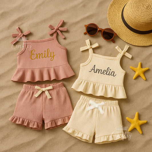 Personalised Baby Girl Summer Outfit: Embroidered Ruffle Top & Shorts