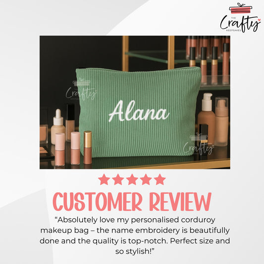 Personalised Name Corduroy Makeup Bag | Custom Name Embroidered Pouch, Purse | Soft Mini Travel Bag with Zip | Gift for Her or Bridesmaids