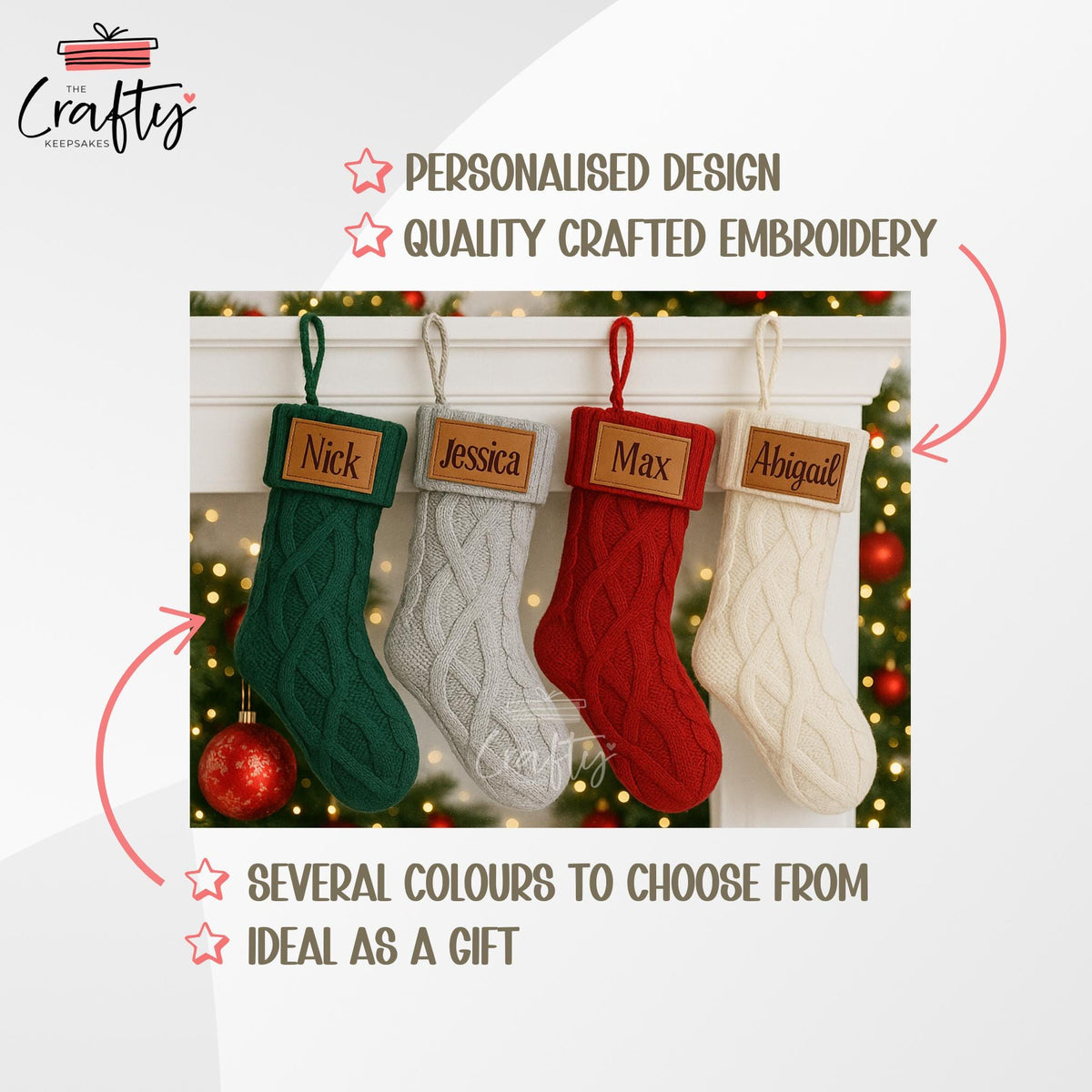 Personalised Knit Christmas Stocking: Engraved Leather Name Patch