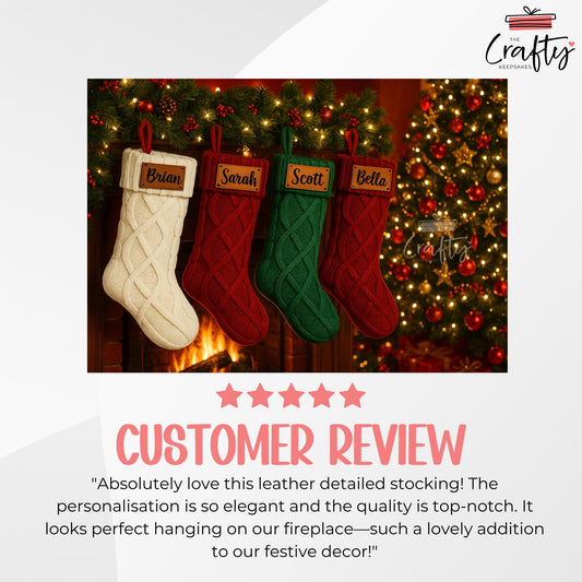 Personalised Knit Christmas Stocking: Engraved Leather Name Patch