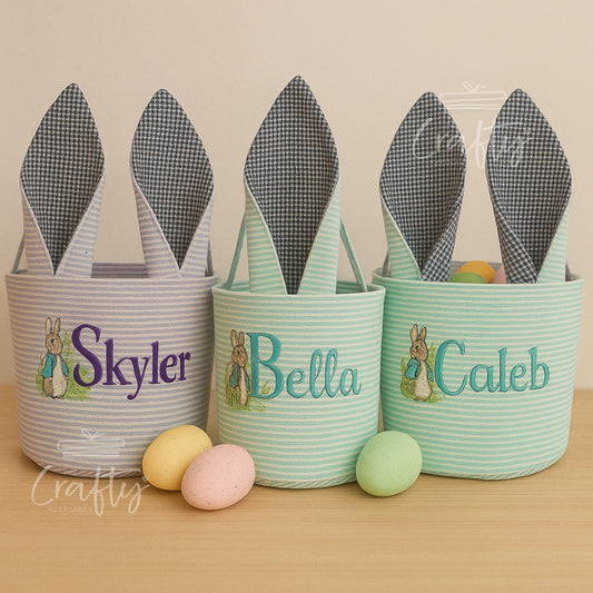 Custom Name Embroidered Bunny Ear Easter Basket | Personalised Easter Gift Bag for Children | Foldable & Reusable | Personalised Easter Gift