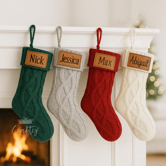 Personalised Name Leather Patch Christmas Stocking | Custom Name Knitted Xmas Stocking | Christmas Mantel Décor | Custom Festive Stocking