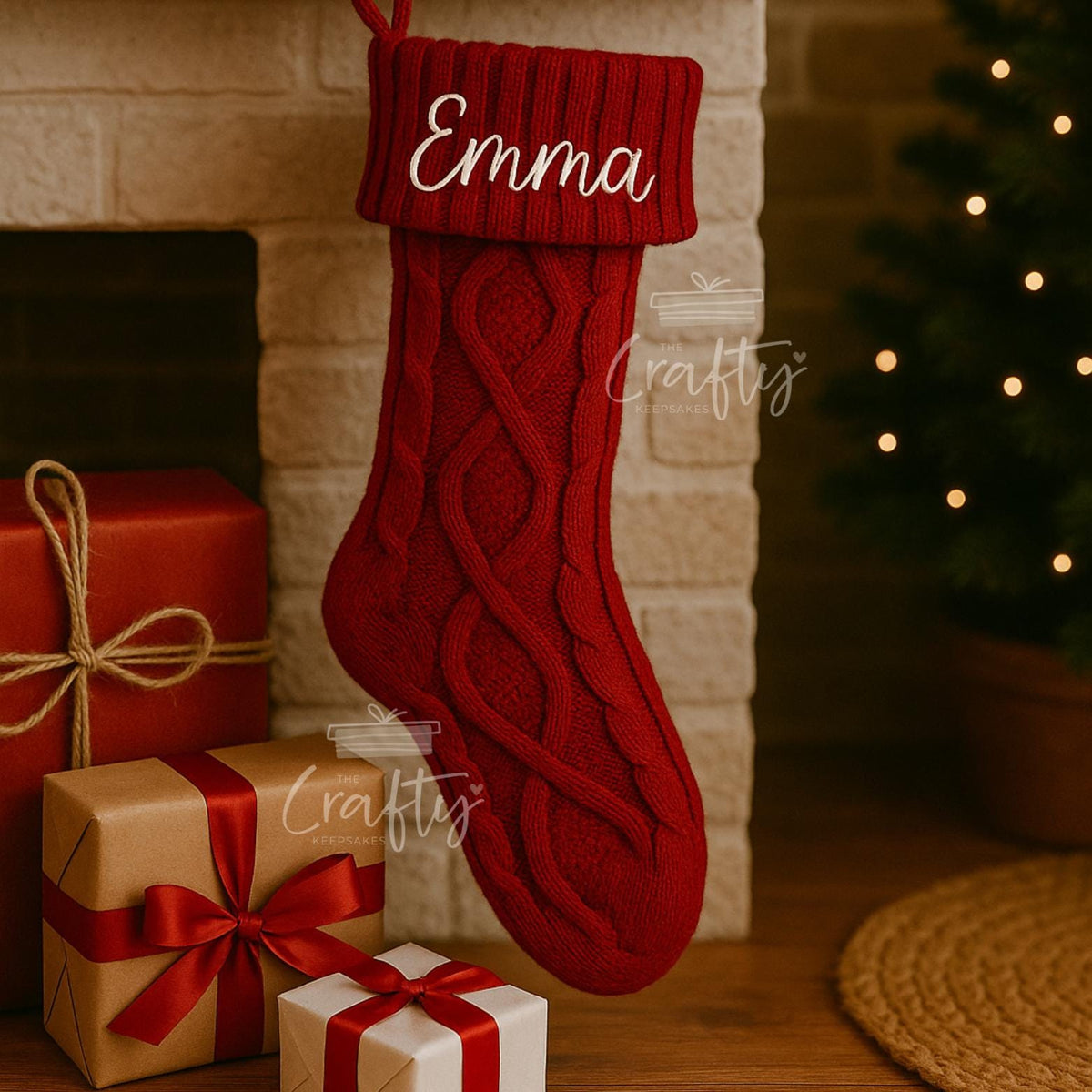 Personalised Knit Christmas Stocking: Embroidered Name, Custom Holiday Decor
