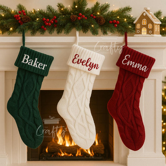 Personalised Knit Christmas Stocking: Embroidered Name, Custom Holiday Decor