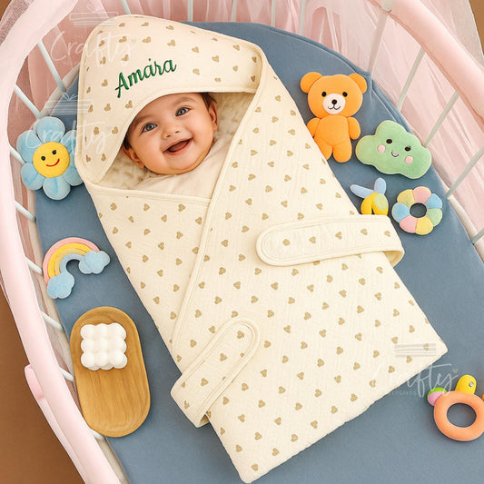 Custom Name Embroidered Baby Wrap Blanket | Personalised Cotton Swaddle Gift | Stars, Rainbow, Cherry, Moon Pattern | Custom Baby Gift Wrap