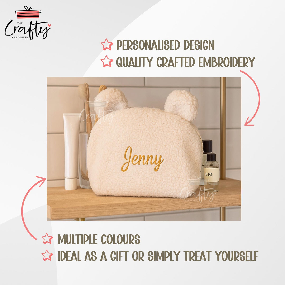 Personalised Bear Embroidered Makeup Bag: Custom Name Travel Pouch