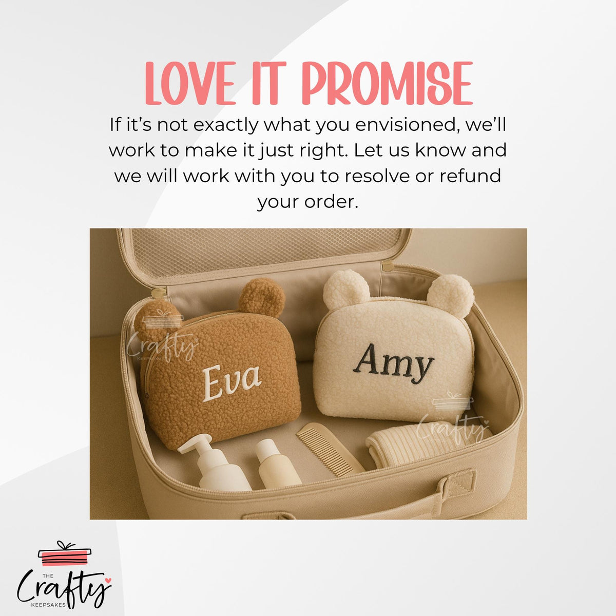 Personalised Bear Embroidered Makeup Bag: Custom Name Travel Pouch