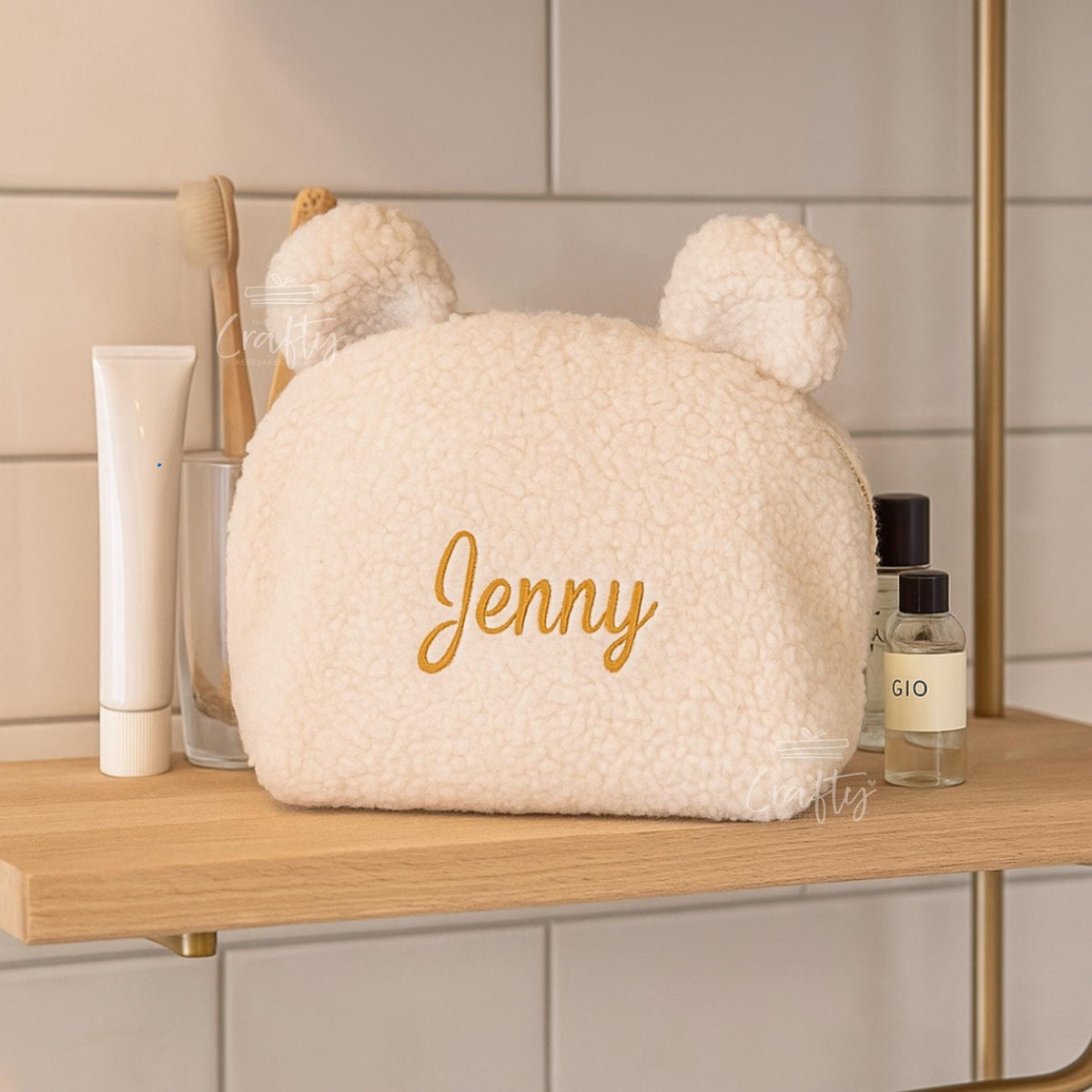 Personalised Bear Embroidered Makeup Bag: Custom Name Travel Pouch