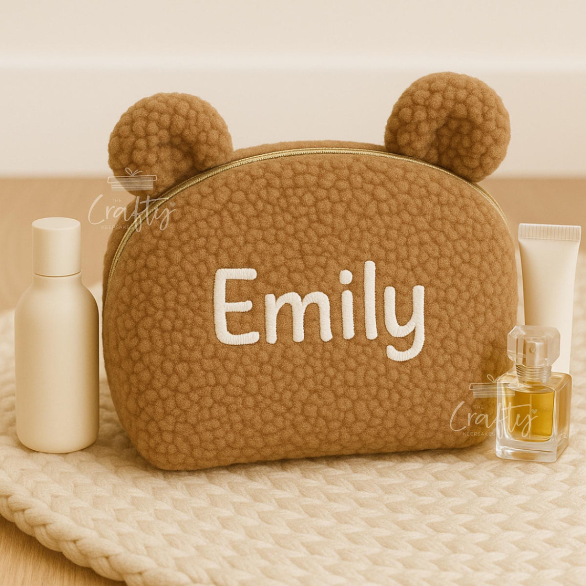 Personalised Bear Embroidered Makeup Bag: Custom Name Travel Pouch