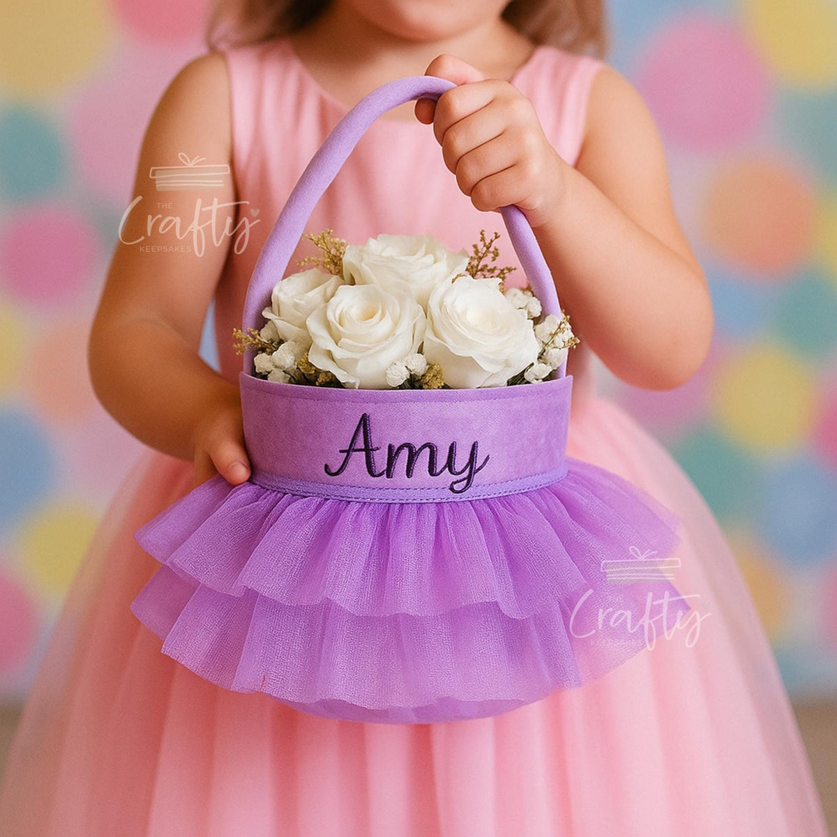 Personalised Flower Girl Basket: Embroidered Name, Velvet Yarn Skirt