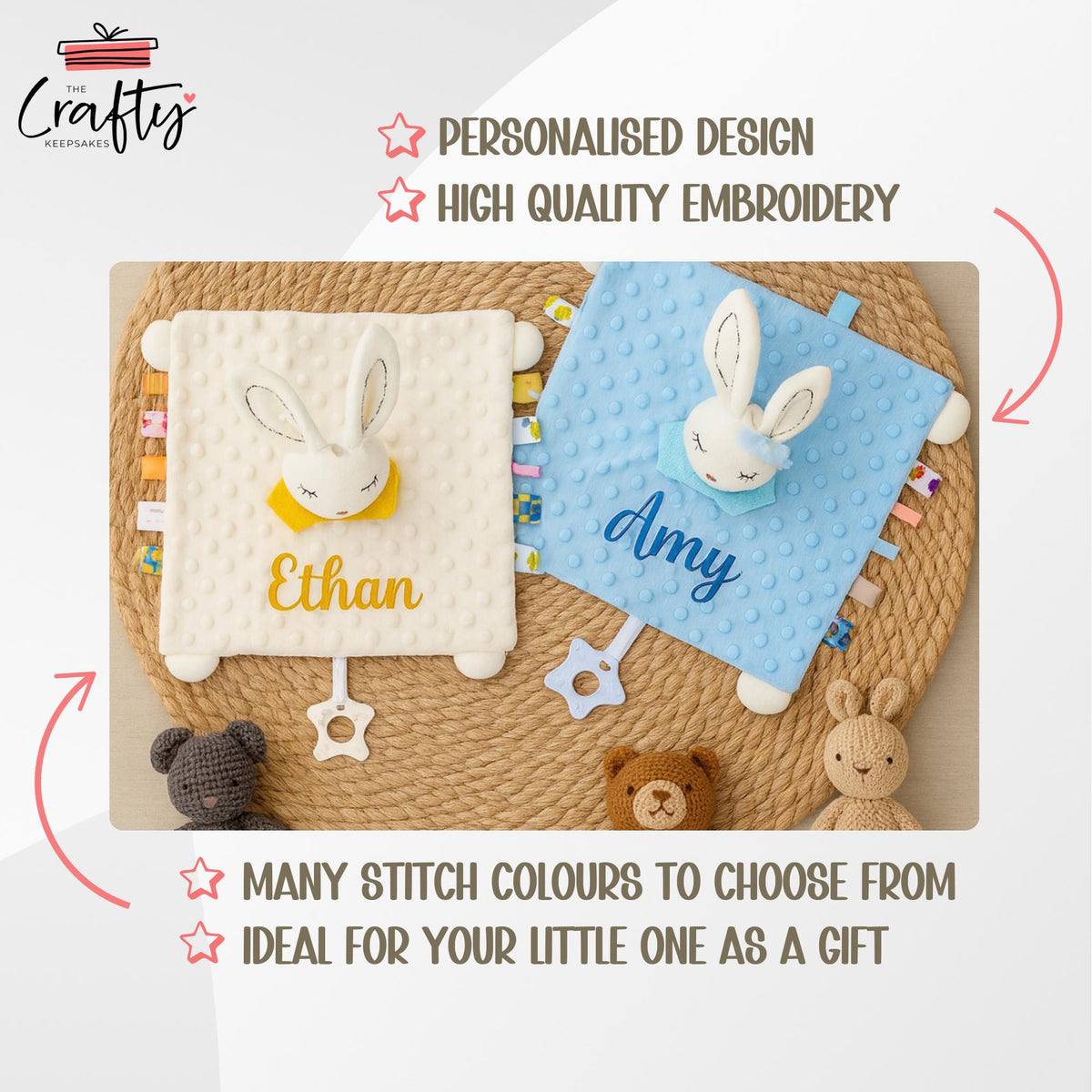Embroidered Baby Animal Lovey: Personalised Plush Comfort Toy