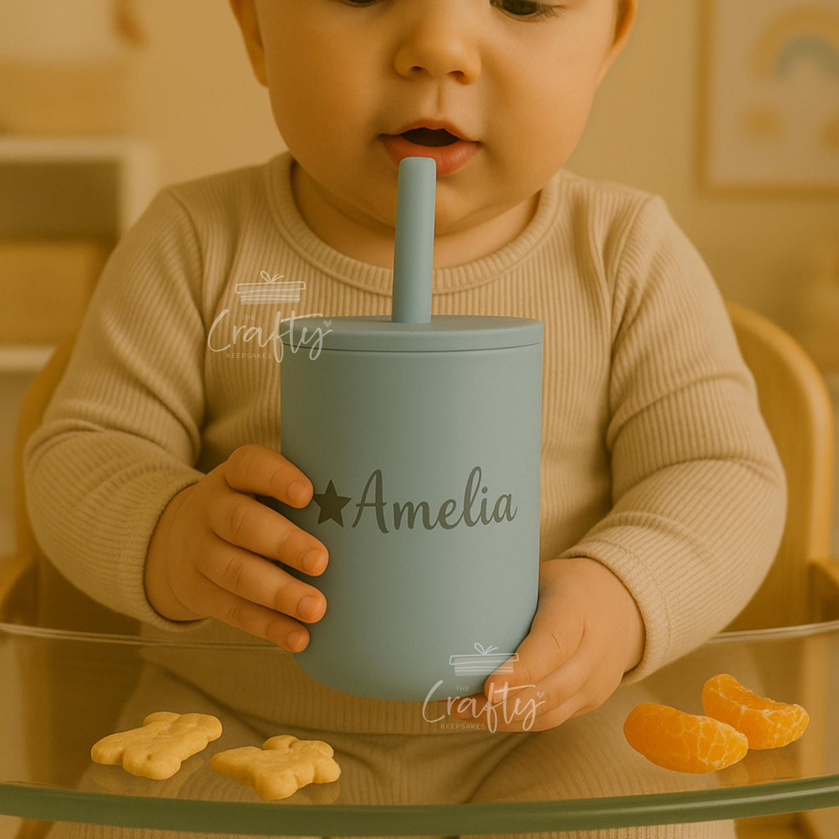 Personalised Silicone Baby Cup with Straw: Laser Engraved Toddler Learning Cup