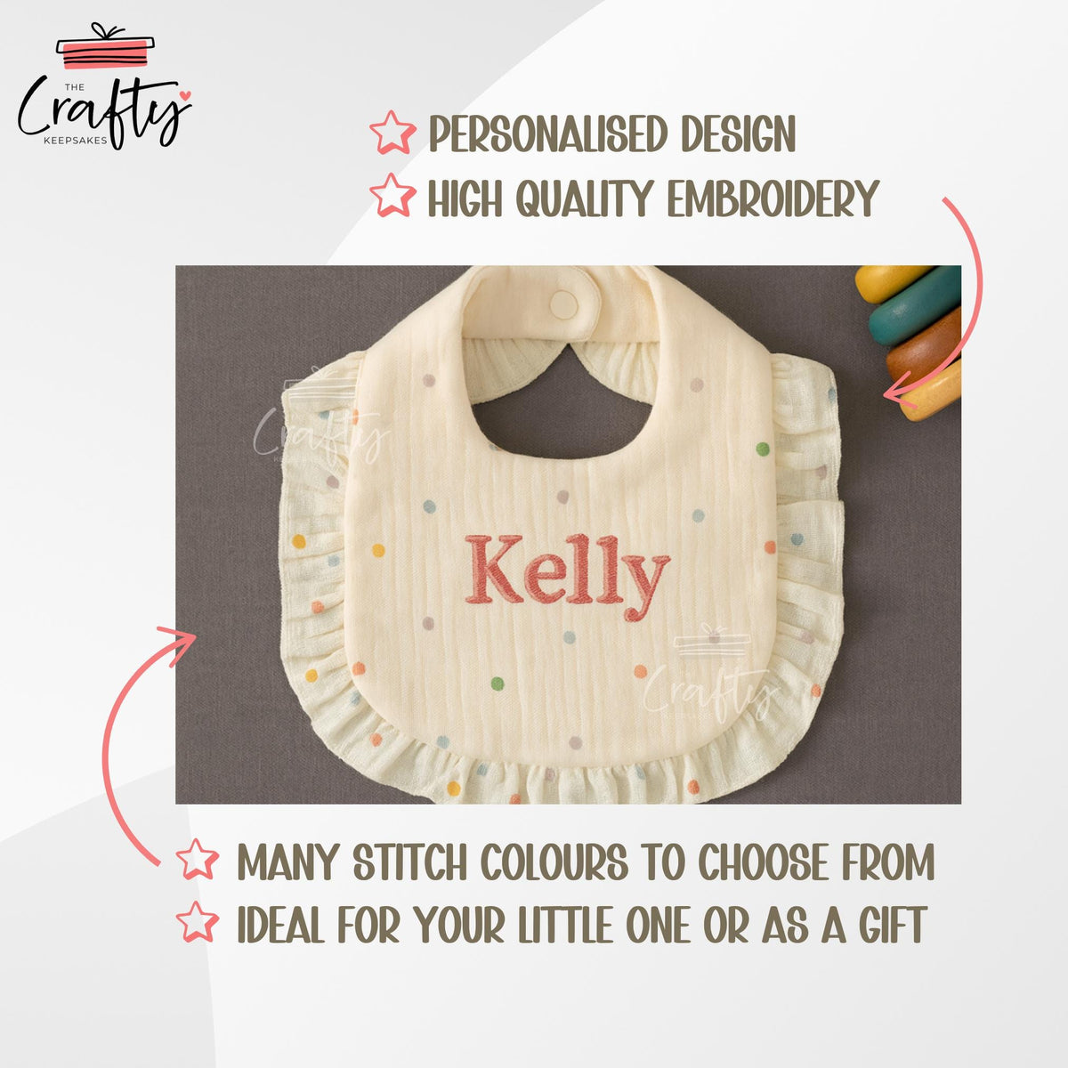 Personalised Name Baby Bib: Custom Embroidered Ruffled Cotton Feeding Bib