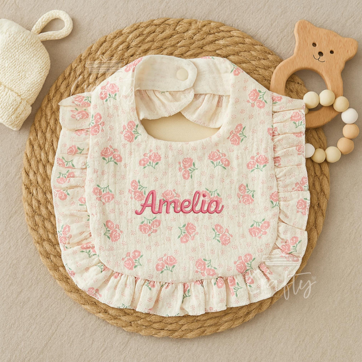 Personalised Name Baby Bib: Custom Embroidered Ruffled Cotton Feeding Bib