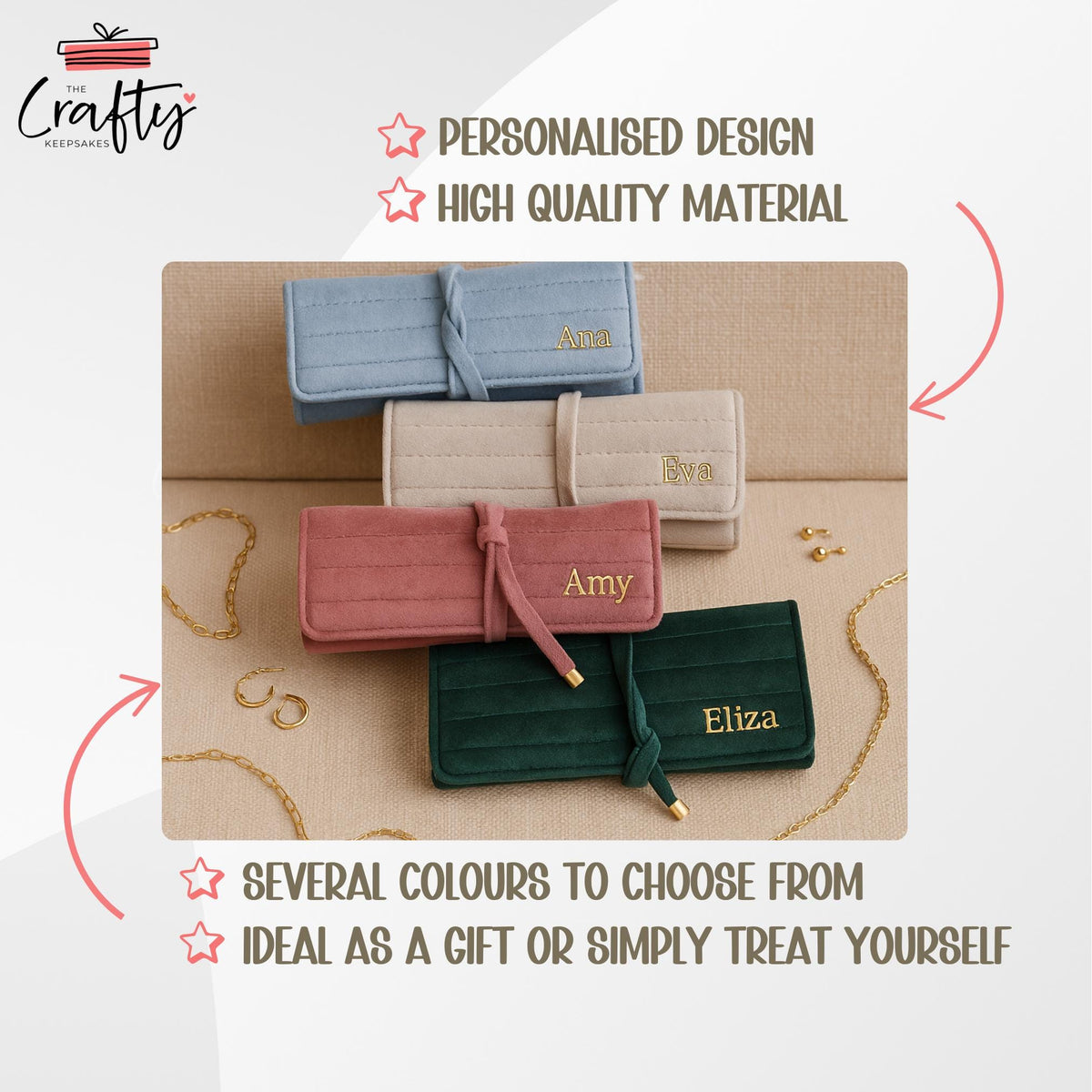 Custom Velvet Jewellery Roll: Travel Jewellery Organiser Bag, Ring Bracelet Necklace Storage, Bridesmaid Gift for Her