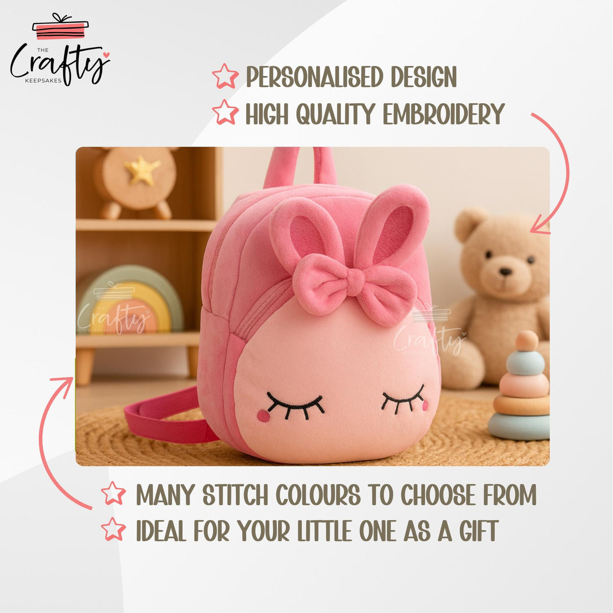 Personalised Plush Kids Backpack: Embroidered Name, Cartoon Animal Bag