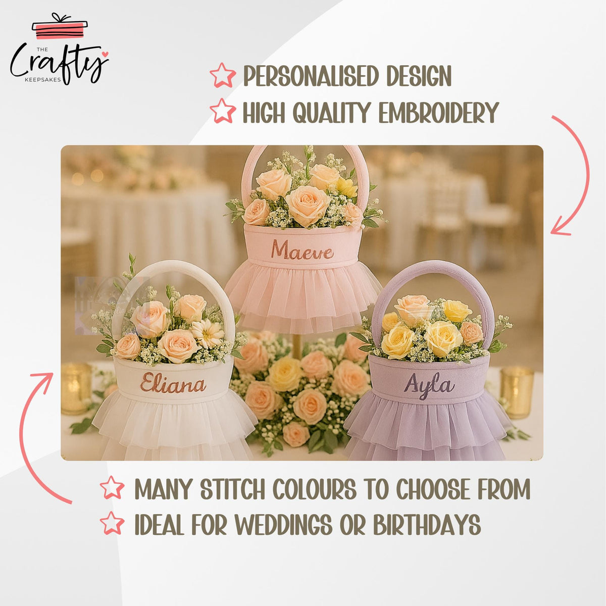 Personalised Flower Girl Basket: Embroidered Name, Velvet Yarn Skirt