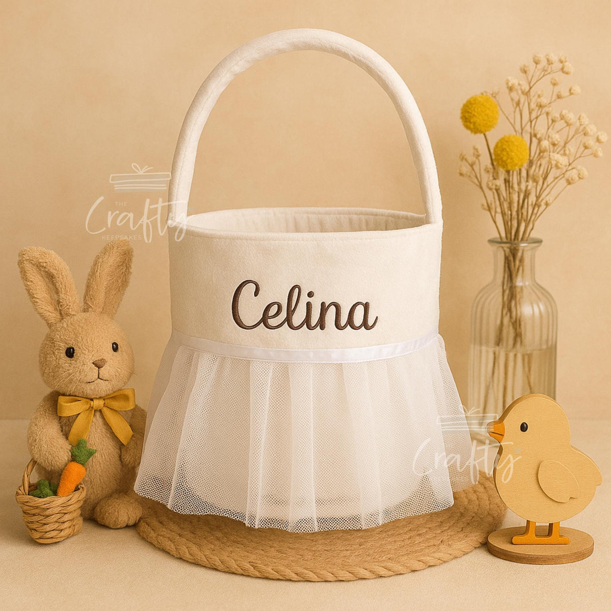 Personalised Flower Girl Basket: Embroidered Name, Velvet Yarn Skirt