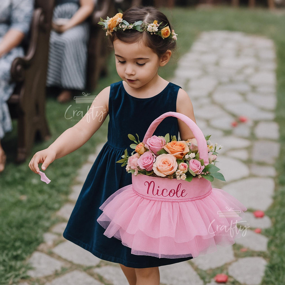 Personalised Flower Girl Basket: Embroidered Name, Velvet Yarn Skirt
