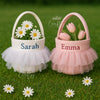 Personalised Flower Girl Basket: Embroidered Name, Velvet Yarn Skirt