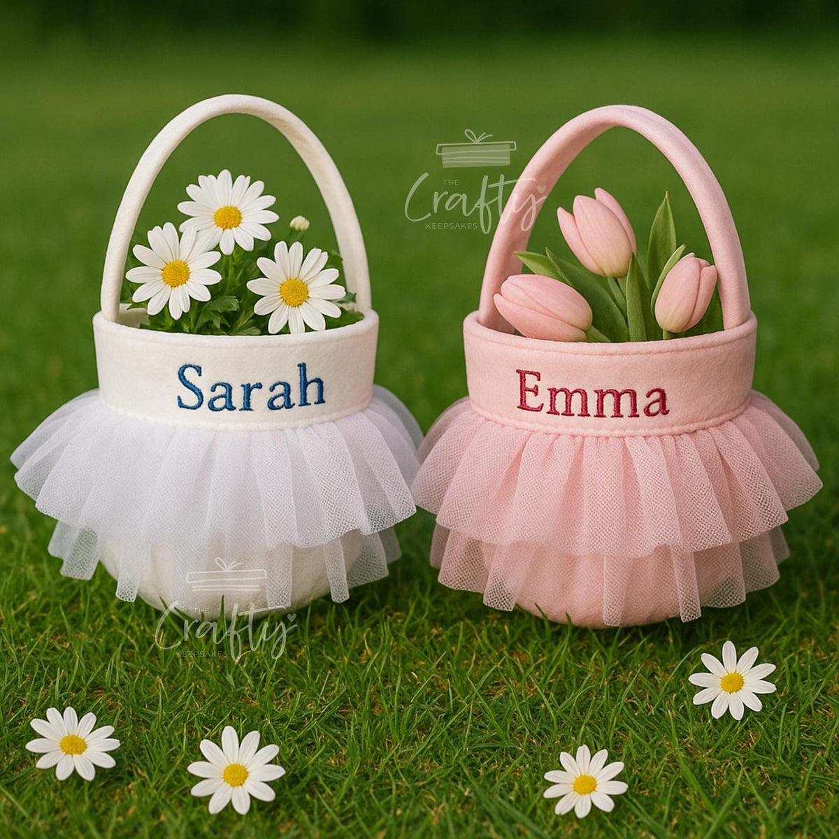 Personalised Flower Girl Basket: Embroidered Name, Velvet Yarn Skirt