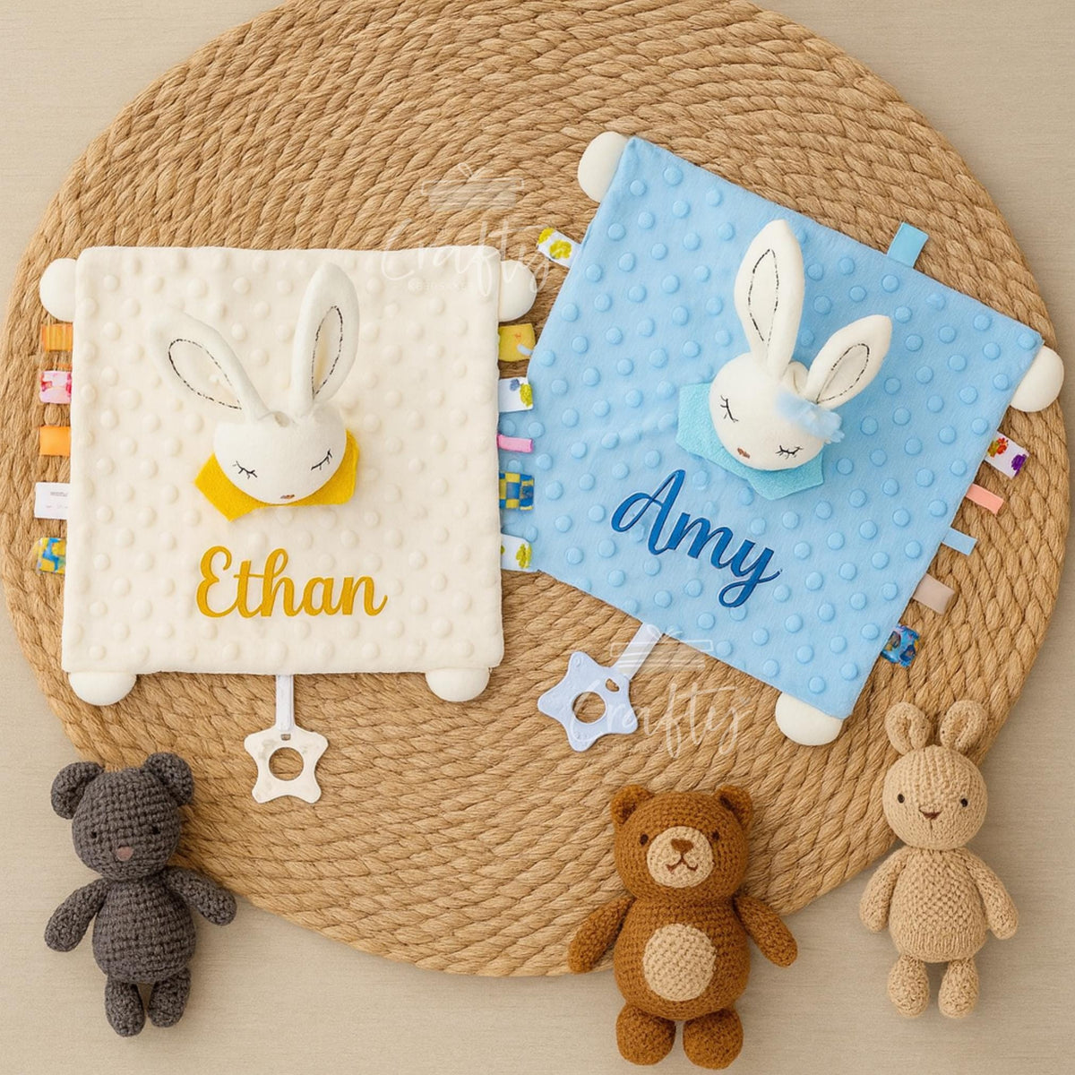 Embroidered Baby Animal Lovey: Personalised Plush Comfort Toy