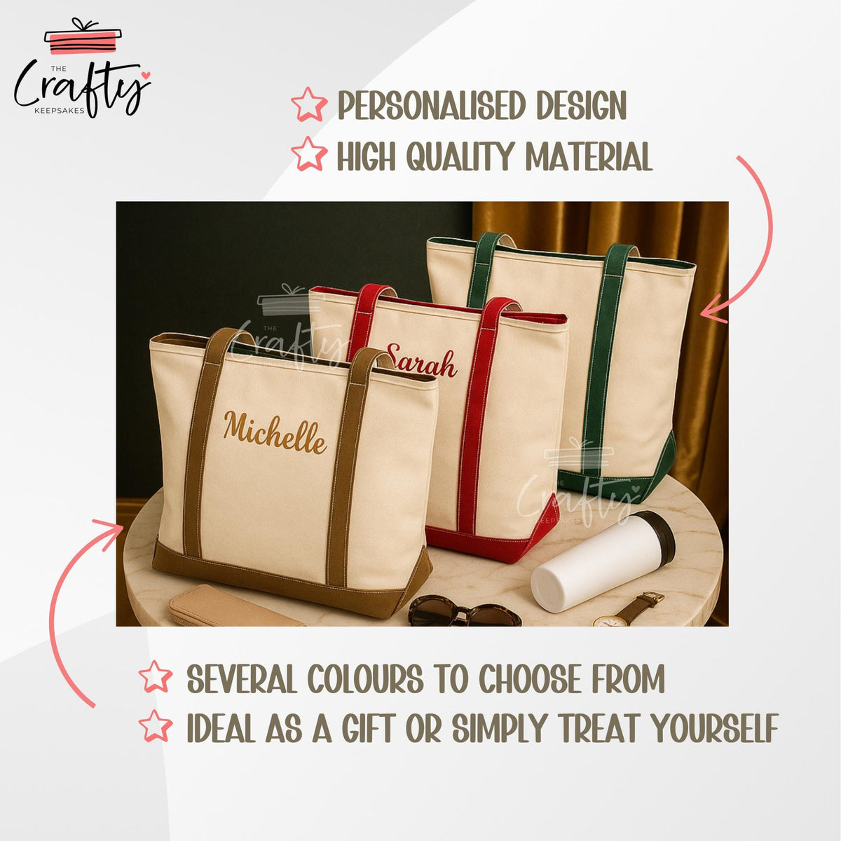 Personalised Canvas Tote Bag with Zip: Embroidered Everyday Handbag